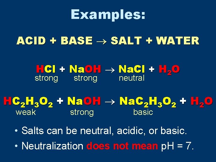 Examples: ACID + BASE SALT + WATER HCl + Na. OH Na. Cl +