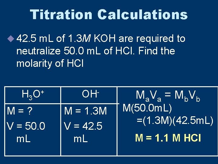 Titration Calculations u 42. 5 m. L of 1. 3 M KOH are required