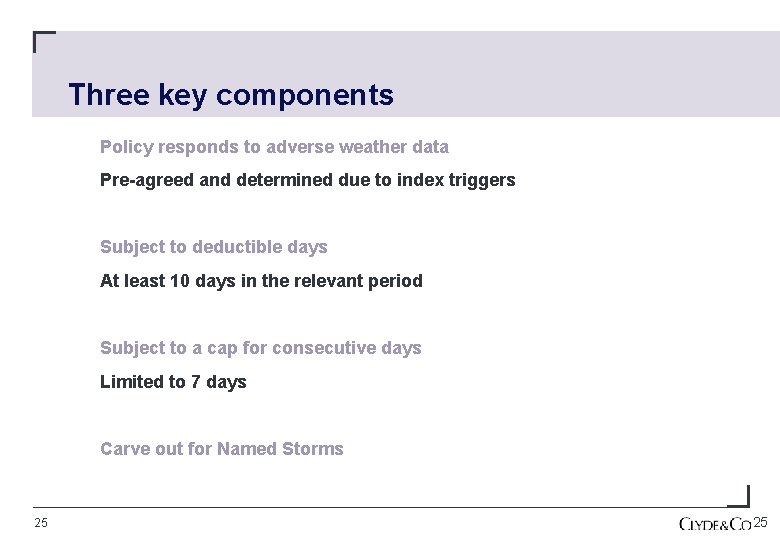 Three key components Policy responds to adverse weather data Pre-agreed and determined due to