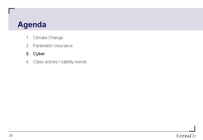 Agenda 1. Climate Change 2. Parametric Insurance 3. Cyber 4. Class actions / liability