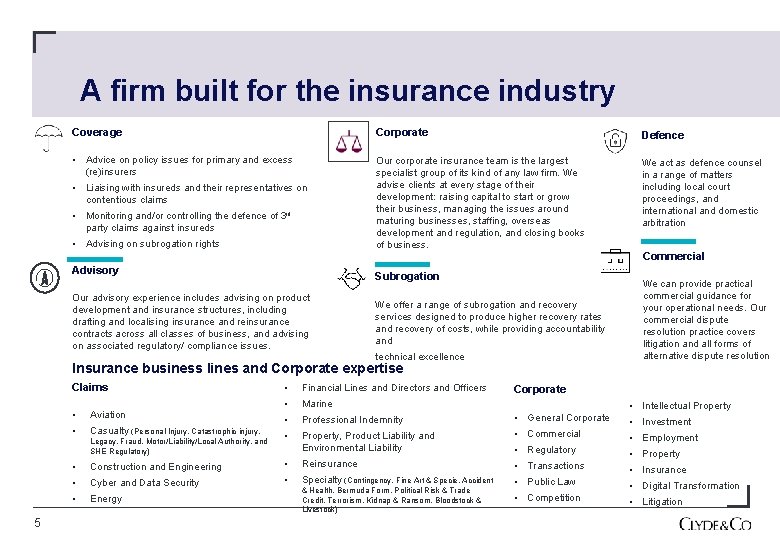 A firm built for the insurance industry Coverage Corporate Defence • Advice on policy