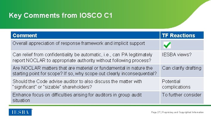 Key Comments from IOSCO C 1 Comment TF Reactions Overall appreciation of response framework