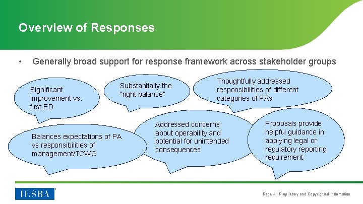 Overview of Responses • Generally broad support for response framework across stakeholder groups Significant