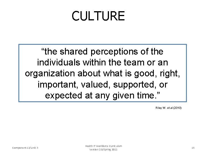 CULTURE “the shared perceptions of the individuals within the team or an organization about