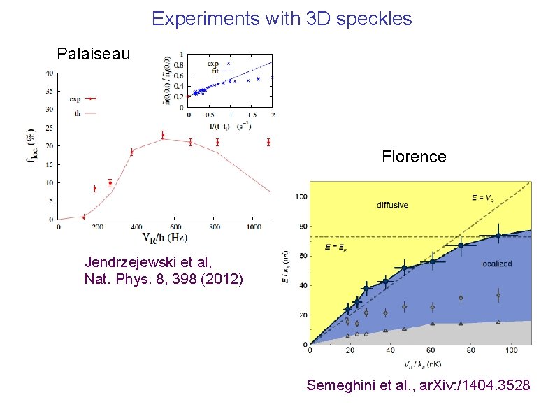Experiments with 3 D speckles Palaiseau Florence Jendrzejewski et al, Nat. Phys. 8, 398