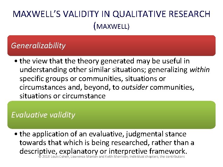 MAXWELL’S VALIDITY IN QUALITATIVE RESEARCH (MAXWELL) Generalizability • the view that theory generated may