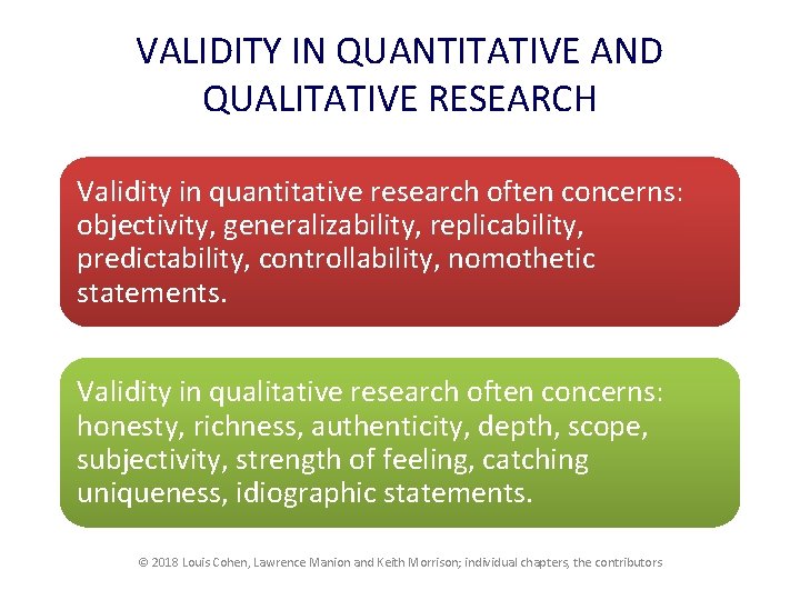 VALIDITY IN QUANTITATIVE AND QUALITATIVE RESEARCH Validity in quantitative research often concerns: objectivity, generalizability,