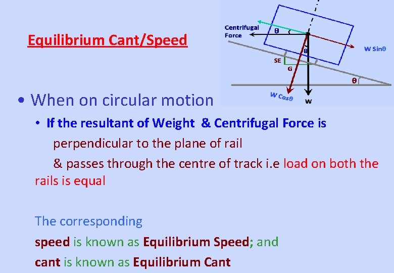 Equilibrium Cant/Speed • When on circular motion • If the resultant of Weight &