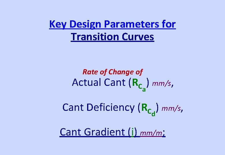 Key Design Parameters for Transition Curves Rate of Change of Actual Cant (RCa) mm/s,
