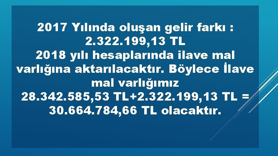 2017 Yılında oluşan gelir farkı : 2. 322. 199, 13 TL 2018 yılı hesaplarında