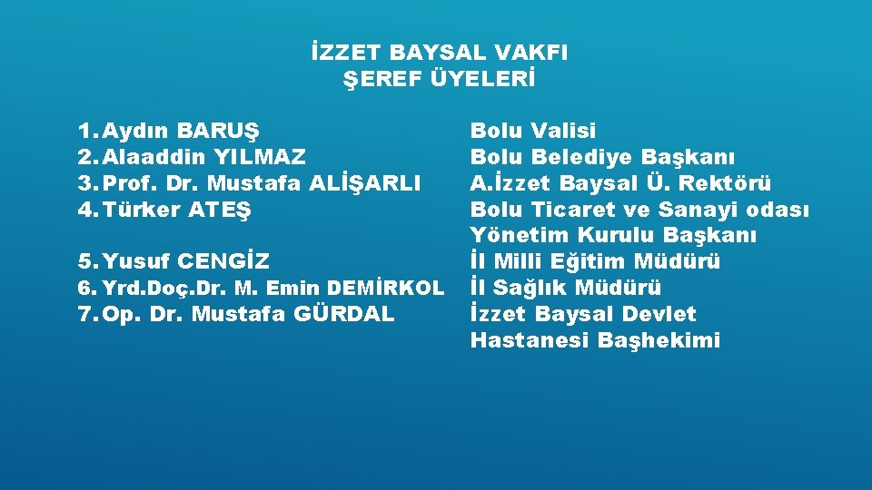 İZZET BAYSAL VAKFI ŞEREF ÜYELERİ 1. Aydın BARUŞ 2. Alaaddin YILMAZ 3. Prof. Dr.