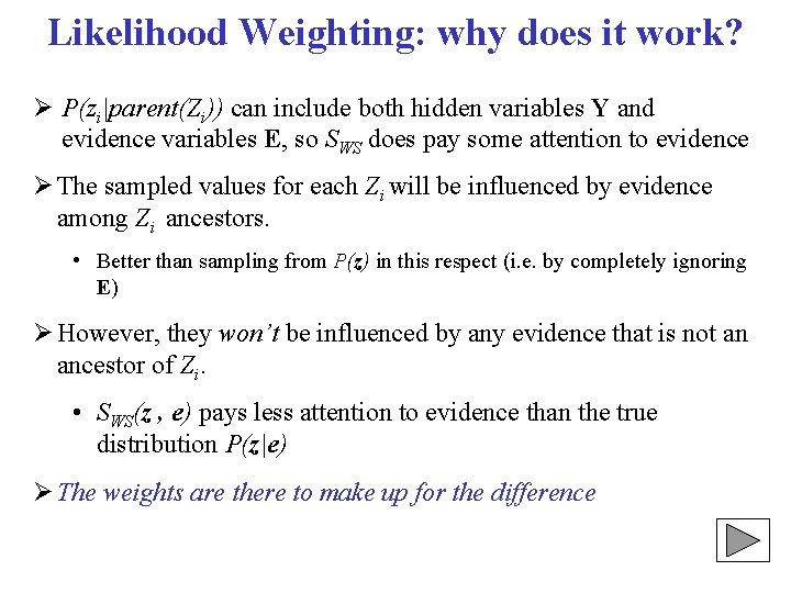 Likelihood Weighting: why does it work? P(zi|parent(Zi)) can include both hidden variables Y and