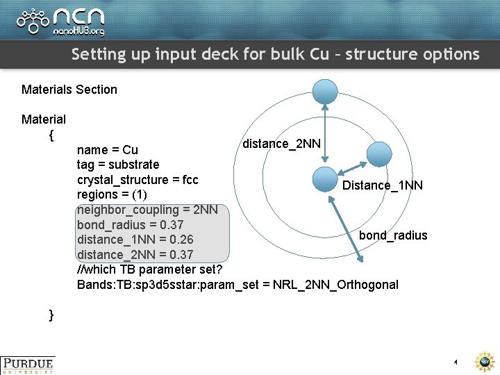 Setting up input deck for bulk Cu – structure options Materials Section Material {