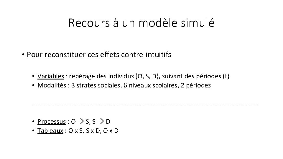 Recours à un modèle simulé • Pour reconstituer ces effets contre-intuitifs • Variables :