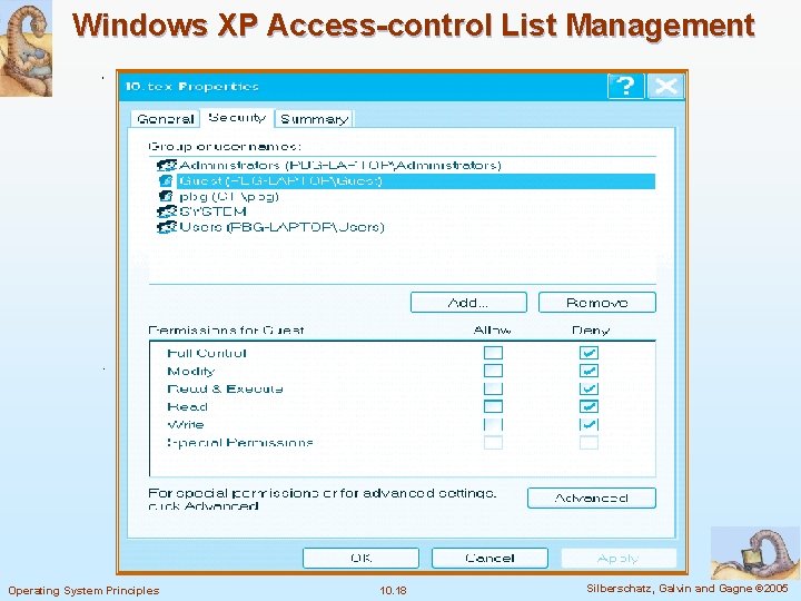 Windows XP Access-control List Management Operating System Principles 10. 18 Silberschatz, Galvin and Gagne