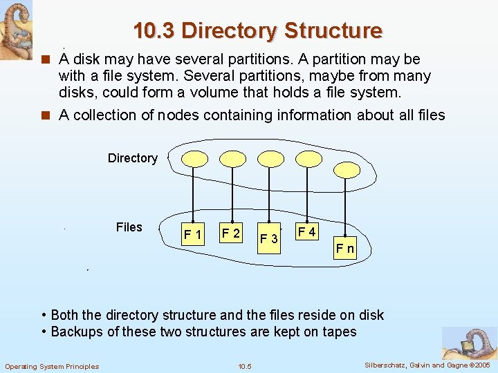 10. 3 Directory Structure n A disk may have several partitions. A partition may