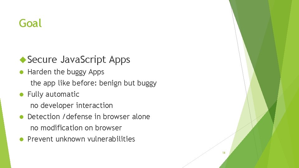 Goal Secure Java. Script Apps Harden the buggy Apps the app like before: benign