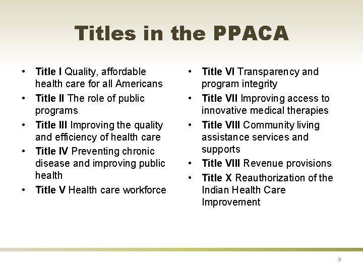 Titles in the PPACA • Title I Quality, affordable health care for all Americans