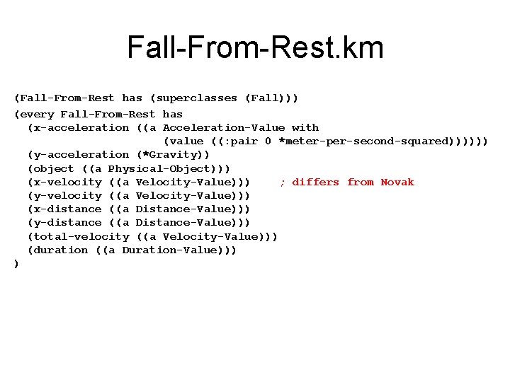Fall-From-Rest. km (Fall-From-Rest has (superclasses (Fall))) (every Fall-From-Rest has (x-acceleration ((a Acceleration-Value with (value