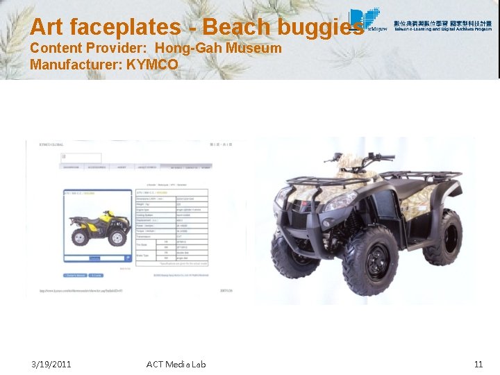 Art faceplates - Beach buggies Content Provider: Hong-Gah Museum Manufacturer: KYMCO 3/19/2011 ACT Media