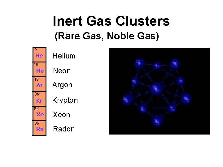 Inert Gas Clusters (Rare Gas, Noble Gas) Helium Neon Argon Krypton Xeon Radon 