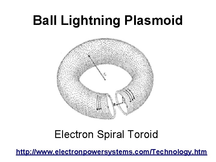 Ball Lightning Plasmoid Electron Spiral Toroid http: //www. electronpowersystems. com/Technology. htm 