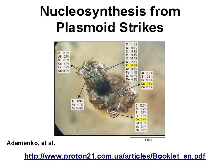 Nucleosynthesis from Plasmoid Strikes Adamenko, et al. http: //www. proton 21. com. ua/articles/Booklet_en. pdf