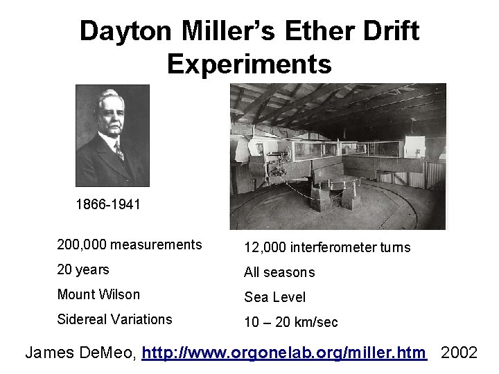 Dayton Miller’s Ether Drift Experiments 1866 -1941 200, 000 measurements 12, 000 interferometer turns