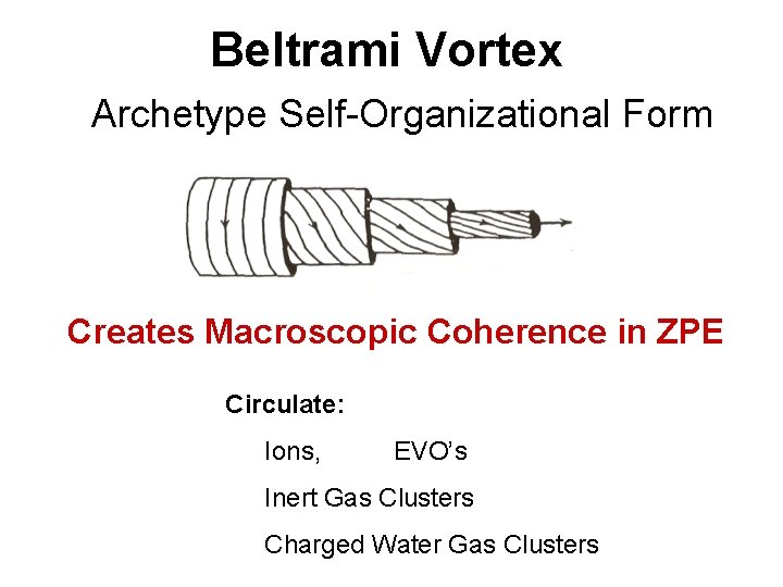 Beltrami Vortex Archetype Self-Organizational Form Creates Macroscopic Coherence in ZPE Circulate: Ions, EVO’s Inert