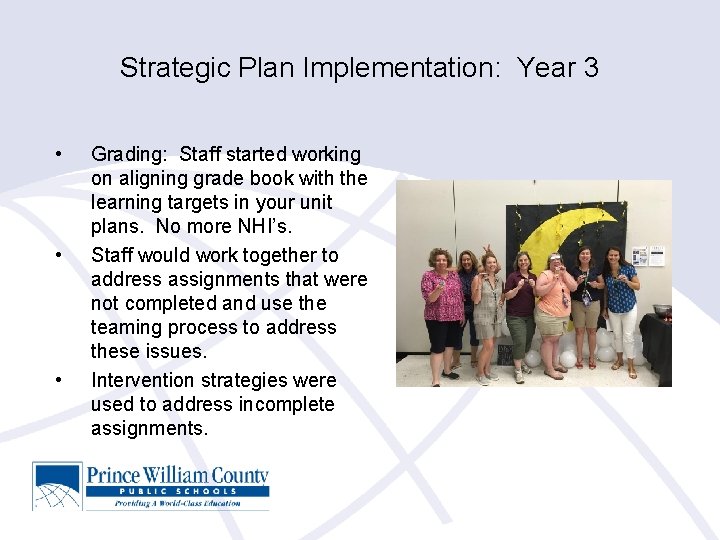 Strategic Plan Implementation: Year 3 • • • Grading: Staff started working on aligning