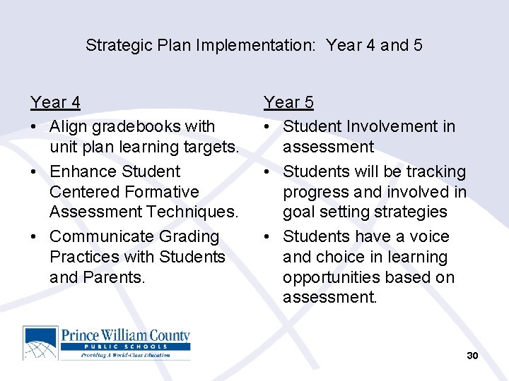 Strategic Plan Implementation: Year 4 and 5 Year 4 • Align gradebooks with unit