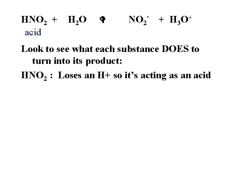 HNO 2 + acid H 2 O NO 2 - + H 3 O+