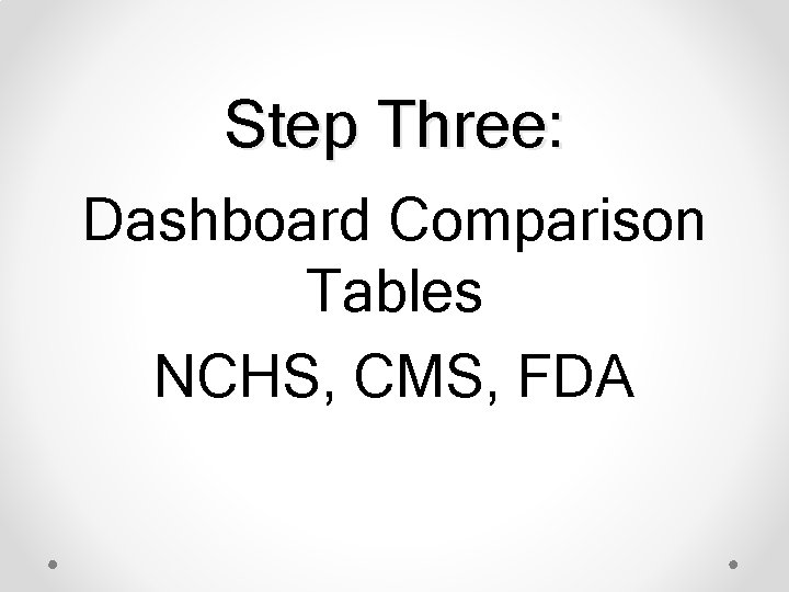 Step Three: Dashboard Comparison Tables NCHS, CMS, FDA 
