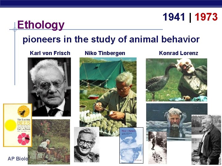 1941 | 1973 Ethology pioneers in the study of animal behavior Karl von Frisch