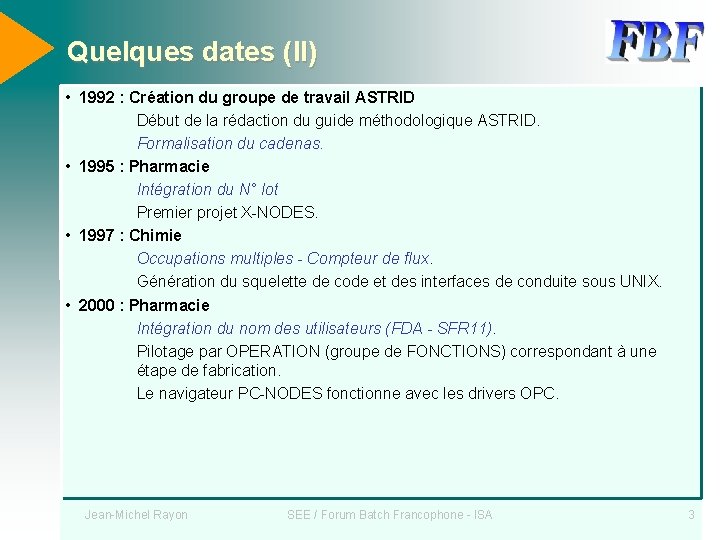 Quelques dates (II) • 1992 : Création du groupe de travail ASTRID Début de