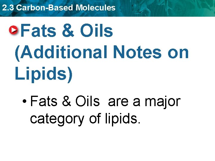 2. 3 Carbon-Based Molecules Fats & Oils (Additional Notes on Lipids) • Fats &