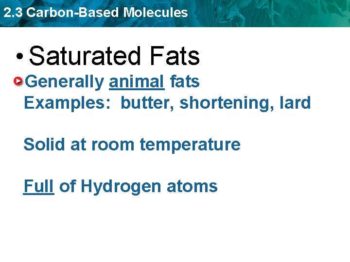 2. 3 Carbon-Based Molecules • Saturated Fats Generally animal fats Examples: butter, shortening, lard