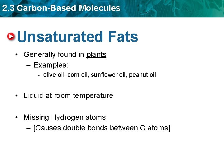 2. 3 Carbon-Based Molecules Unsaturated Fats • Generally found in plants – Examples: -