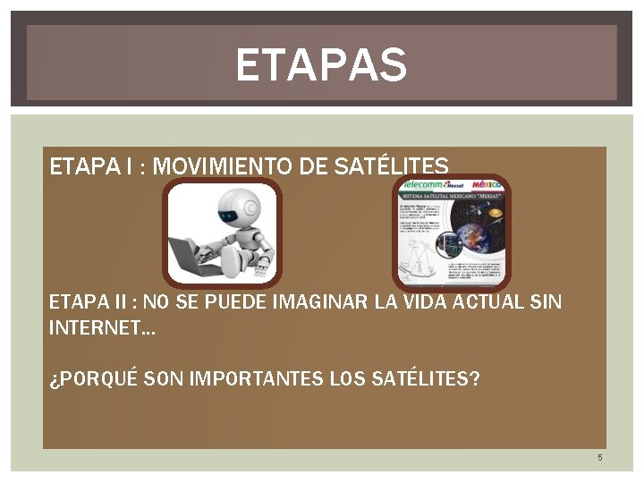 ETAPAS ETAPA I : MOVIMIENTO DE SATÉLITES ETAPA II : NO SE PUEDE IMAGINAR