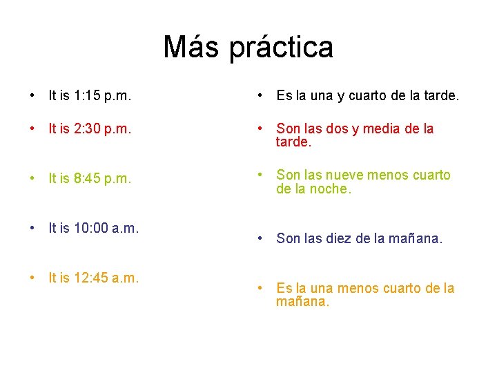Más práctica • It is 1: 15 p. m. • Es la una y