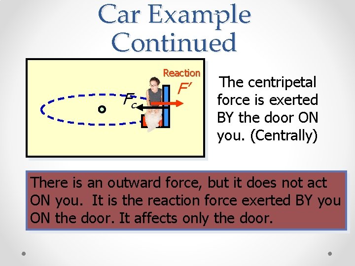 Car Example Continued Reaction Fc F’ The centripetal force is exerted BY the door