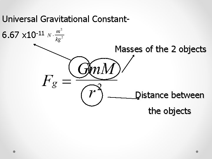 Universal Gravitational Constant 6. 67 x 10 -11 Masses of the 2 objects Distance