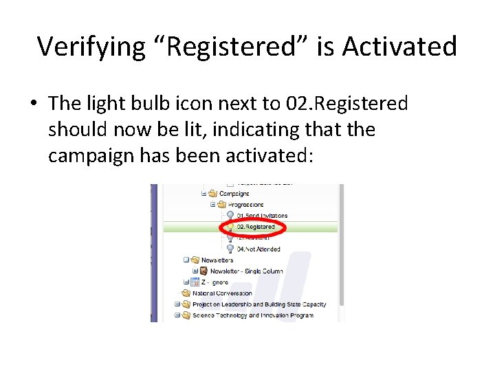 Verifying “Registered” is Activated • The light bulb icon next to 02. Registered should