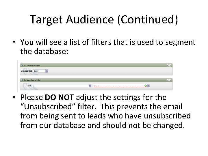 Target Audience (Continued) • You will see a list of filters that is used
