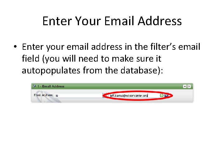 Enter Your Email Address • Enter your email address in the filter’s email field