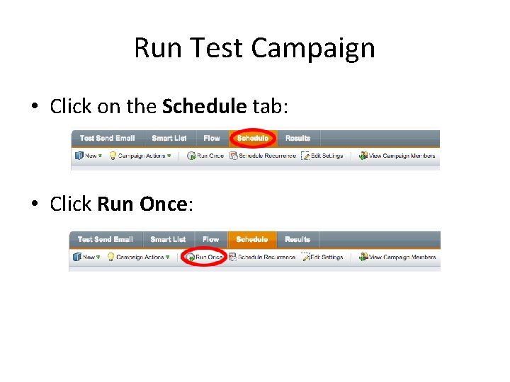Run Test Campaign • Click on the Schedule tab: • Click Run Once: 