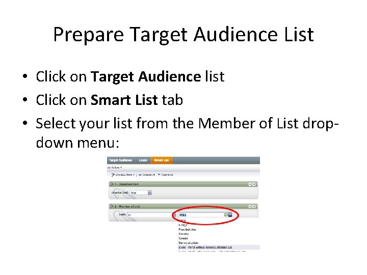 Prepare Target Audience List • Click on Target Audience list • Click on Smart