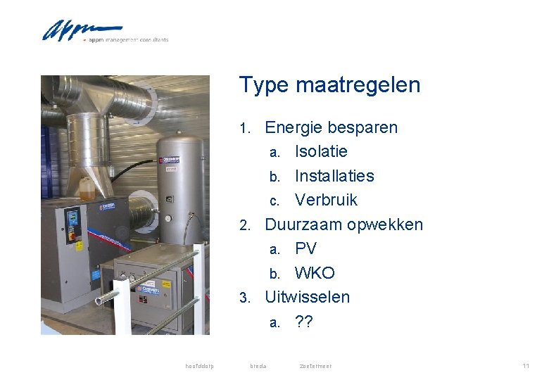 Type maatregelen Energie besparen a. Isolatie b. Installaties c. Verbruik 2. Duurzaam opwekken a.