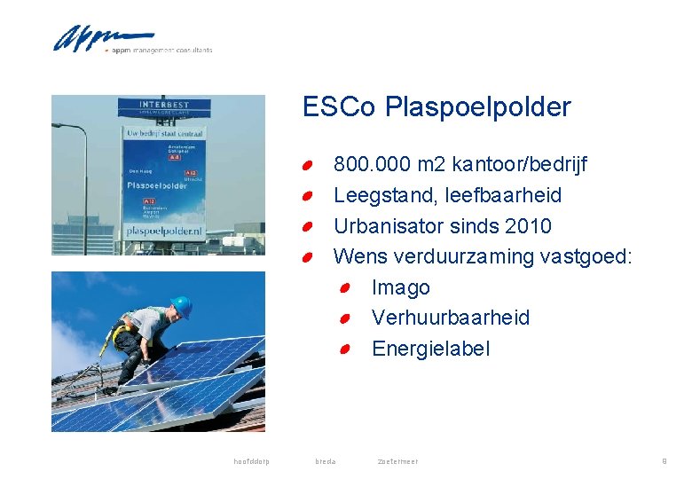 ESCo Plaspoelpolder 800. 000 m 2 kantoor/bedrijf Leegstand, leefbaarheid Urbanisator sinds 2010 Wens verduurzaming