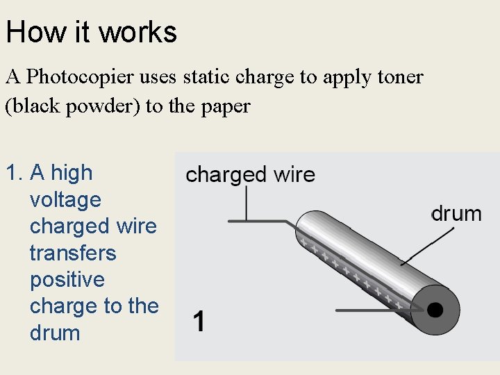 How it works A Photocopier uses static charge to apply toner (black powder) to